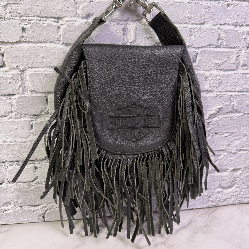 Vintage Harley Davidson Leather Fringe Hip Bag Purse Black Shoulder Bag No Strap - Picture 3 of 15